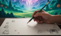 Uma mão segura um lápis sobre uma folha com rabiscos de monstros.